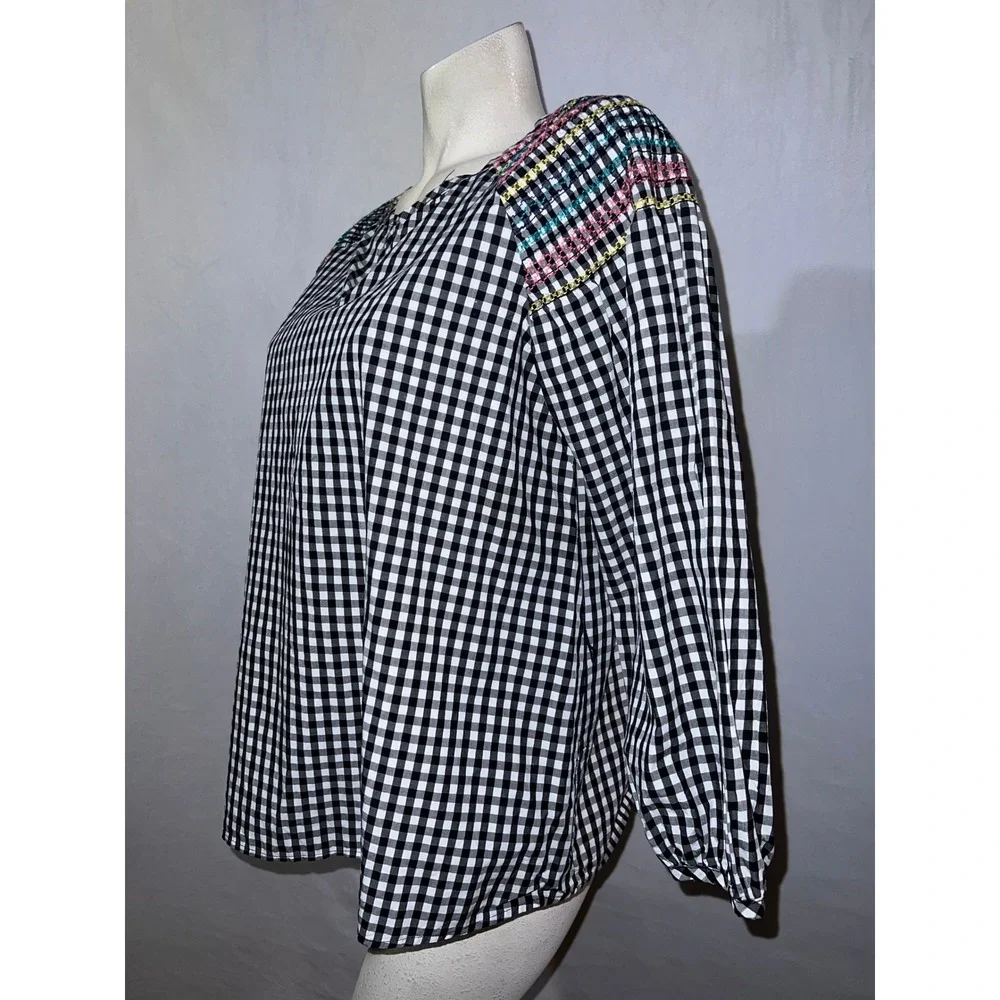 Madewell Gingham Embroidered Slit Neck Peasant Blouse Women's Size S Black White